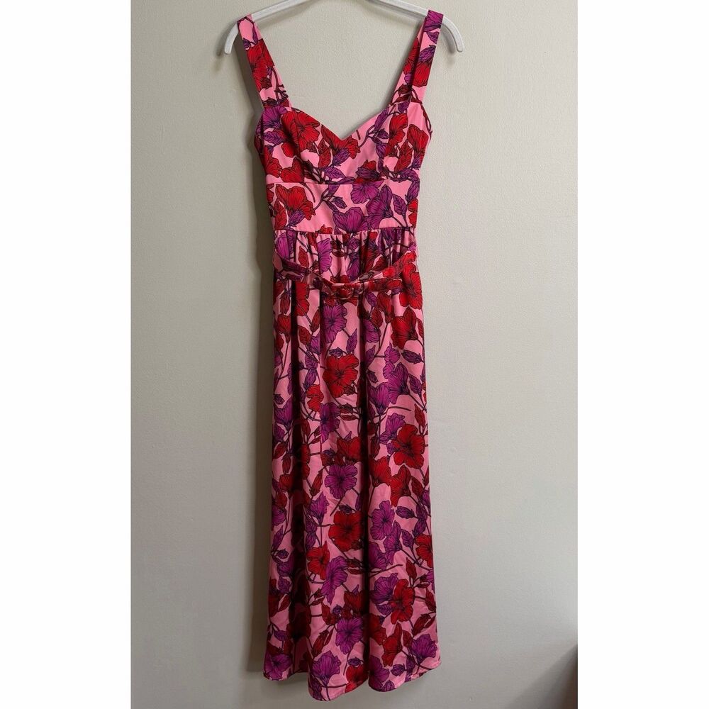 Kookai Valencia Pink Floral Belted Sweetheart Midi Dress Size 34 / US 2